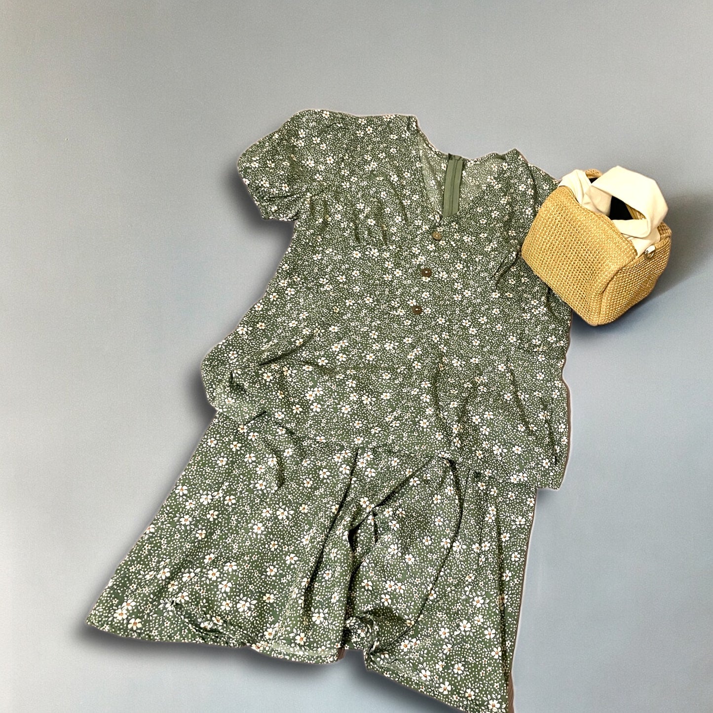 Short Sleeved Green Floral Dress